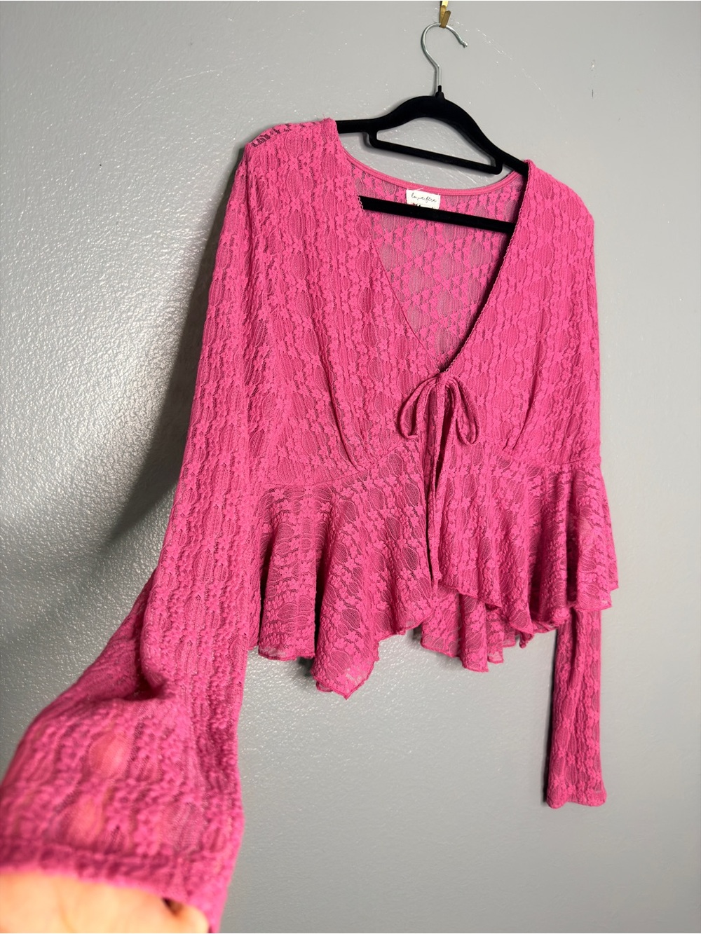love, Fire Hot Pink Lace Peplum Tie-Front Fairy Baby Doll Lettuce Hem Blouse XL